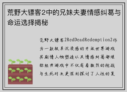 荒野大镖客2中的兄妹夫妻情感纠葛与命运选择揭秘